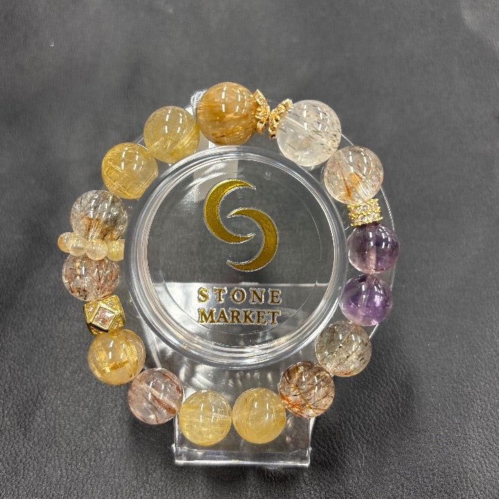 ルチルマイカアメジストデザインブレスレット 内径約16cm ルース約11mm 【会長秘蔵コレクション】<0101>