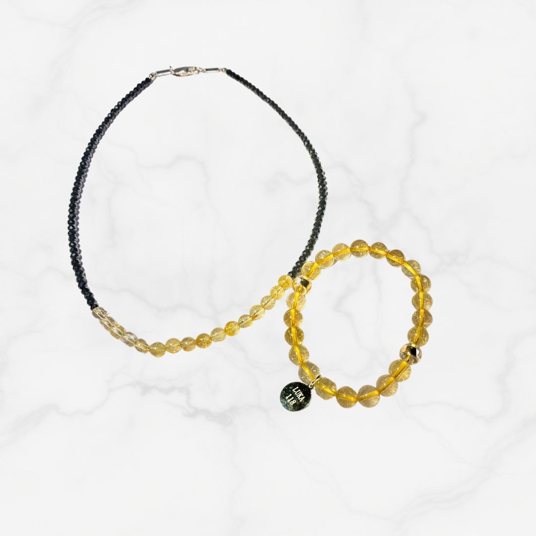 【単品売り】L.U.K.A118磁気ネックレス：ルチル約6㎜・ブラックスピネル約2.5‐3.5㎜(約45㎝)【※注意事項あり】