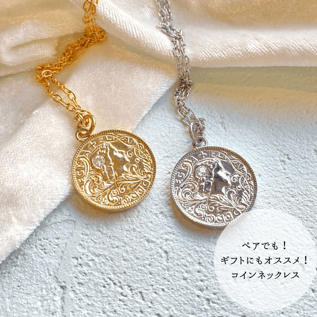 コインデザインネックレス - サージカルステンレス - ストーン